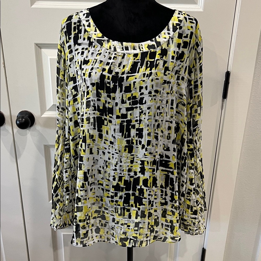 Cato Sheer Black, White, and Yellow With Bell Pleated Sleeves Abstract Blouse